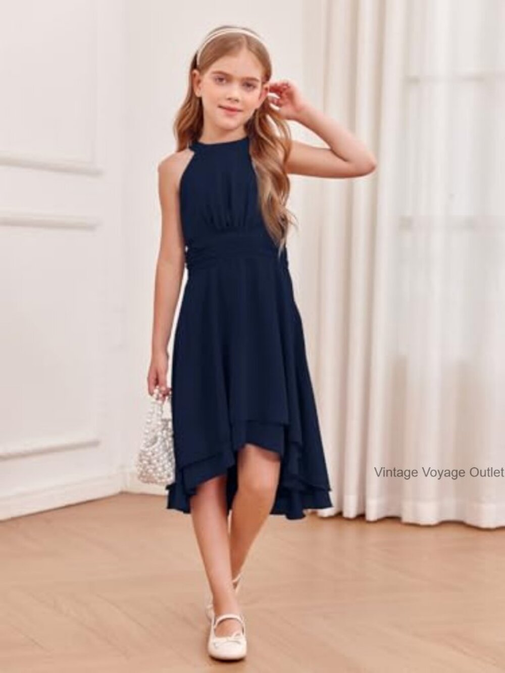 Girls Chiffon A-Line Party Dress Sleeveless Ruffled Asymmetrical Knee-Length - Picture 3 of 7